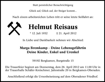Traueranzeige von Helmut Reisaus von Tageszeitung