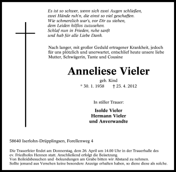 Traueranzeige von Anneliese Vieler von Tageszeitung