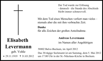 Traueranzeige von Elisabeth Levermann von Tageszeitung