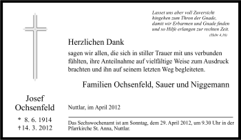 Traueranzeige von Josef Ochsenfeld von Tageszeitung