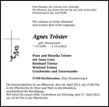 Traueranzeige von Agnes Tröster von Tageszeitung