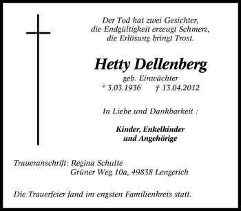 Traueranzeige von Hetty Dellenberg von Tageszeitung