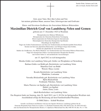 Traueranzeige von Maximilian Dietrich von Landsberg -Velen und Gemen von Tageszeitung