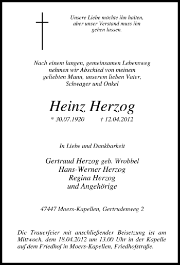 Traueranzeige von Heinz Herzog von Tageszeitung
