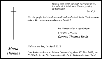 Traueranzeige von Maria Thomas von Tageszeitung