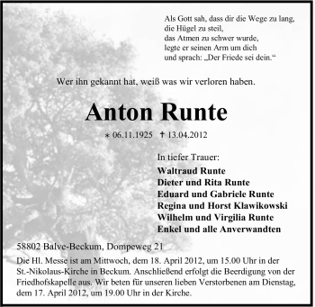 Traueranzeige von Anton Runte von Tageszeitung