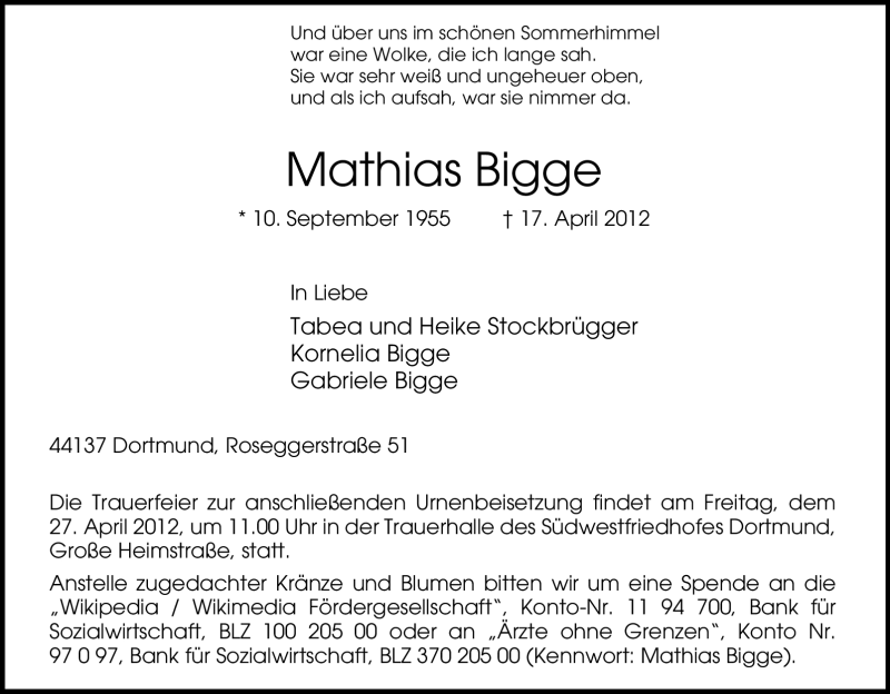  Traueranzeige für Mathias Bigge vom 21.04.2012 aus Tageszeitung