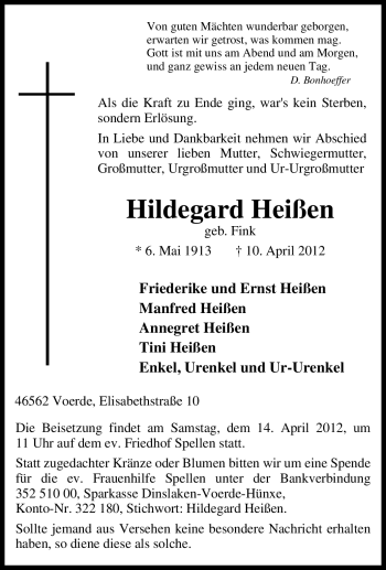 Traueranzeige von Hildegard Heißen von Tageszeitung
