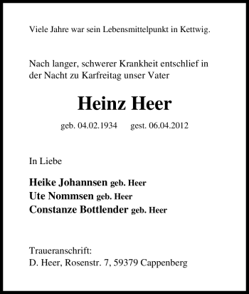 Traueranzeige von Heinz Heer von Tageszeitung