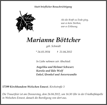 Traueranzeige von Marianne Böttcher von Tageszeitung
