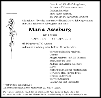 Traueranzeige von Maria Asseburg von Tageszeitung
