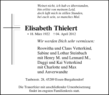 Traueranzeige von Elisabeth Thielert von Tageszeitung