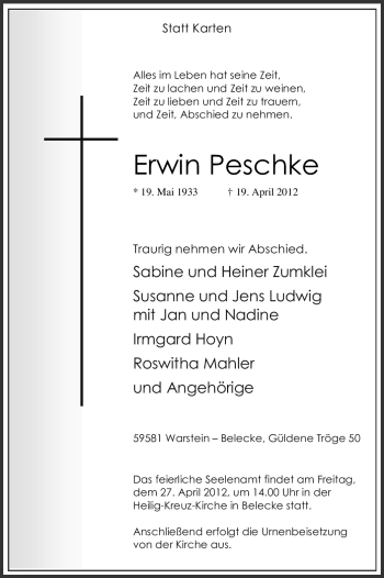 Traueranzeige von Erwin Peschke von Tageszeitung