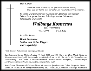 Traueranzeige von Walburga Kostrzewa von Tageszeitung