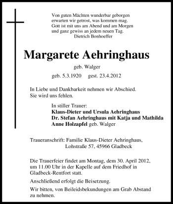 Traueranzeige von Margarete Aehringhaus von Tageszeitung