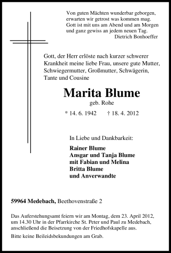 Traueranzeige von Marita Blume von Tageszeitung