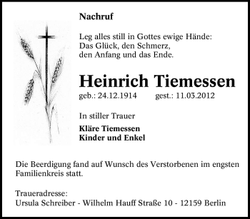 Traueranzeige von Heinrich Tiemessen von Tageszeitung