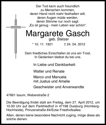 Traueranzeige von Margarete Gasch von Tageszeitung