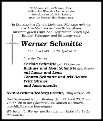 Traueranzeige von Werner Schmitte von Tageszeitung