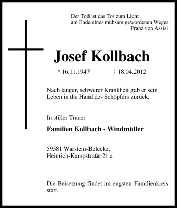 Traueranzeige von Josef Kollbach von Tageszeitung