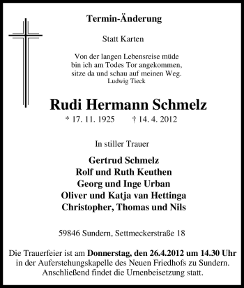 Traueranzeige von Rudi Hermann Schmelz von Tageszeitung