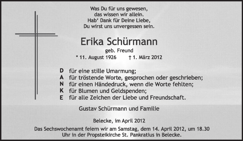  Traueranzeige für Erika Schürmann vom 07.04.2012 aus Tageszeitung