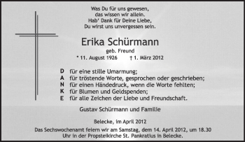 Traueranzeige von Erika Schürmann von Tageszeitung