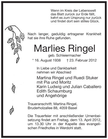 Traueranzeige von Marlies Ringel von Tageszeitung