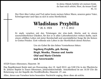 Traueranzeige von Wladislaus Przybilla von Tageszeitung