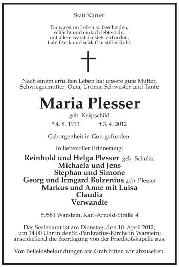 Traueranzeige von Maria Plesser von Tageszeitung