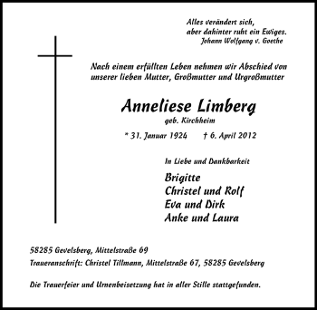 Traueranzeige von Anneliese Limberg von Tageszeitung