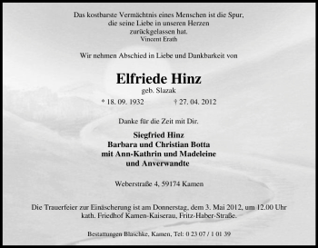Traueranzeige von Elfriede Hinz von Tageszeitung