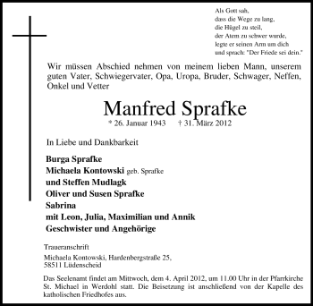 Traueranzeige von Manfred Sprafke von Tageszeitung