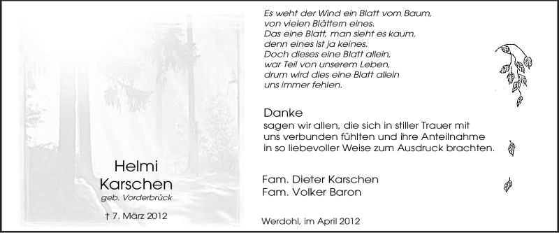  Traueranzeige für Helmi Karschen vom 14.04.2012 aus Tageszeitung