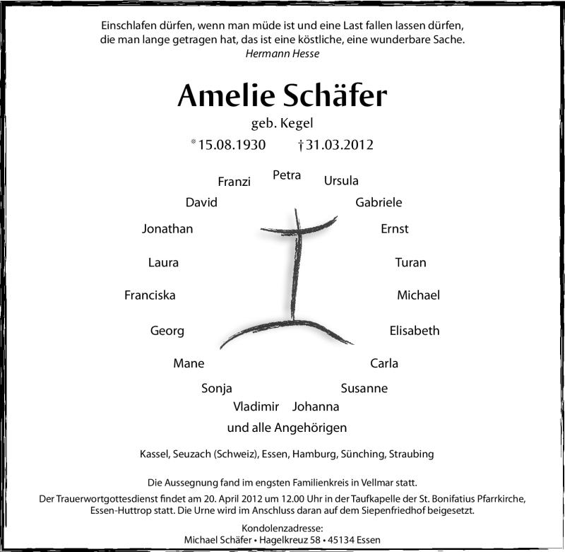  Traueranzeige für Amelie Schäfer vom 14.04.2012 aus Tageszeitung