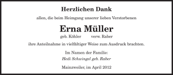 Traueranzeige von Erna Müller von Tageszeitung