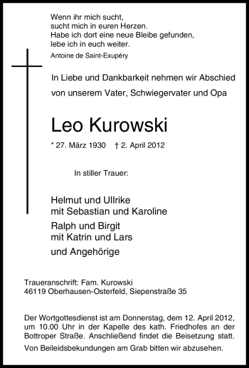 Traueranzeige von Leo Kurowski von Tageszeitung