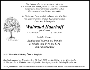 Traueranzeige von Waltraud Haarhoff von Tageszeitung