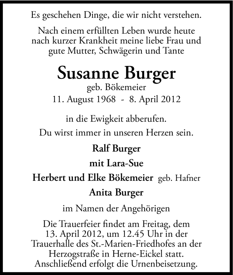  Traueranzeige für Susanne Burger vom 12.04.2012 aus Tageszeitung