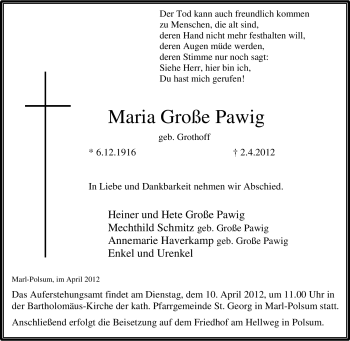 Traueranzeige von Maria Große Pawig von Tageszeitung