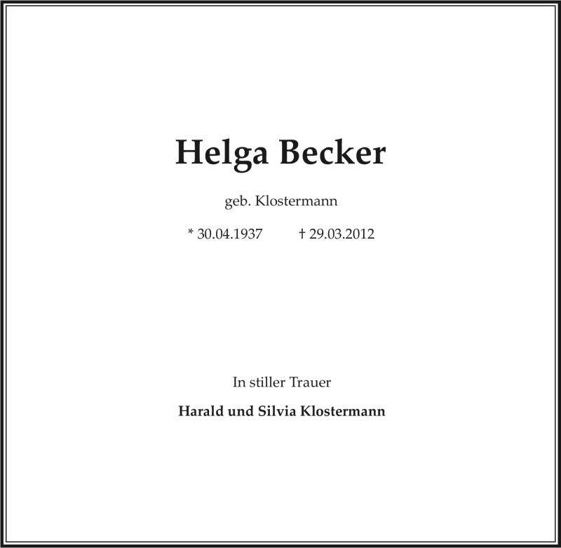 Traueranzeige für Helga Becker vom 20.04.2012 aus Tageszeitung