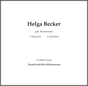 Traueranzeige von Helga Becker von Tageszeitung