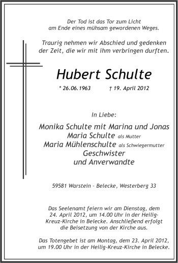 Traueranzeige von Hubert Schulte von Tageszeitung