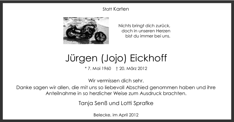  Traueranzeige für Jürgen Eickhoff vom 21.04.2012 aus Tageszeitung