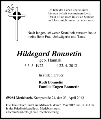 Traueranzeige von Hildegard Bonnetin von Tageszeitung