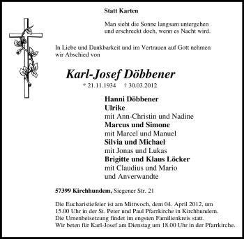 Traueranzeige von Karl-Josef Döbbener von Tageszeitung