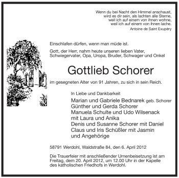 Traueranzeige von Gottlieb Schorer von Tageszeitung