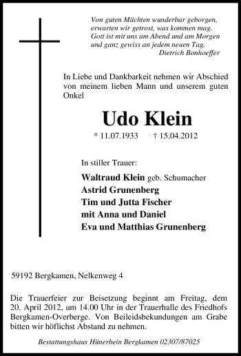 Traueranzeige von Udo Klein von Tageszeitung