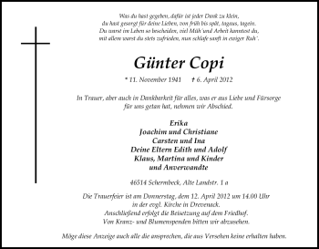 Traueranzeige von Günter Copi von Tageszeitung