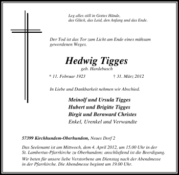 Traueranzeige von Hedwig Tigges von Tageszeitung